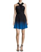 Crisscross-neck Ombre Party Dress, Black/cobalt