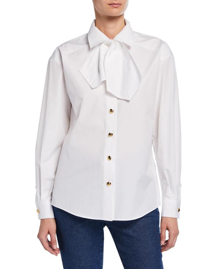 Bow Neck Button-front Cotton Blouse