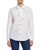Bow Neck Button-front Cotton Blouse
