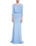 3/4-sleeve Floral Mesh Stretch Jersey Gown, Periwinkle