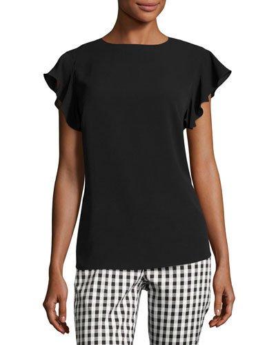 Flutter-sleeve Crepe Top, Black