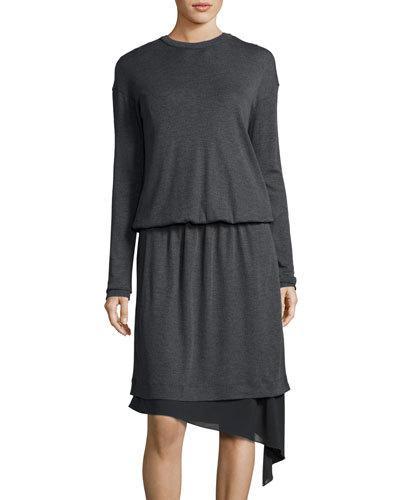 Chiffon-trim Wool Sweaterdress, Dark Gray