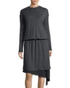 Chiffon-trim Wool Sweaterdress, Dark Gray