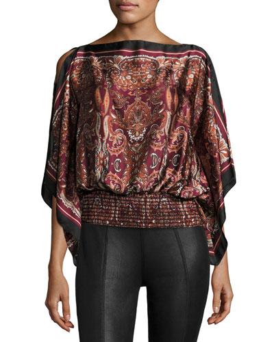 Smocked Scarf-print Satin Blouse, Oxblood/black