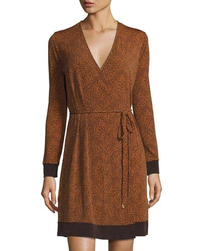 Faux-wrap Long-sleeve Dress, Gold Flame