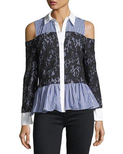 Cold-shoulder Lace & Poplin Button Up Blouse