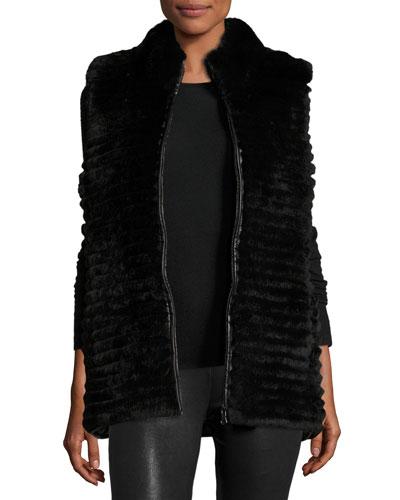 Quilted Rabbit Fur Reversible Down Vest, Black