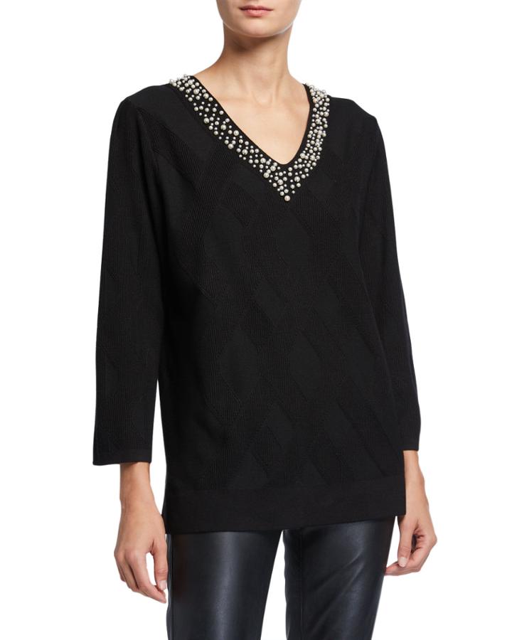 V-neck Sweater W/ Pearlescent Trim