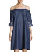 Off-the-shoulder Chambray Shift Dress, Indigo
