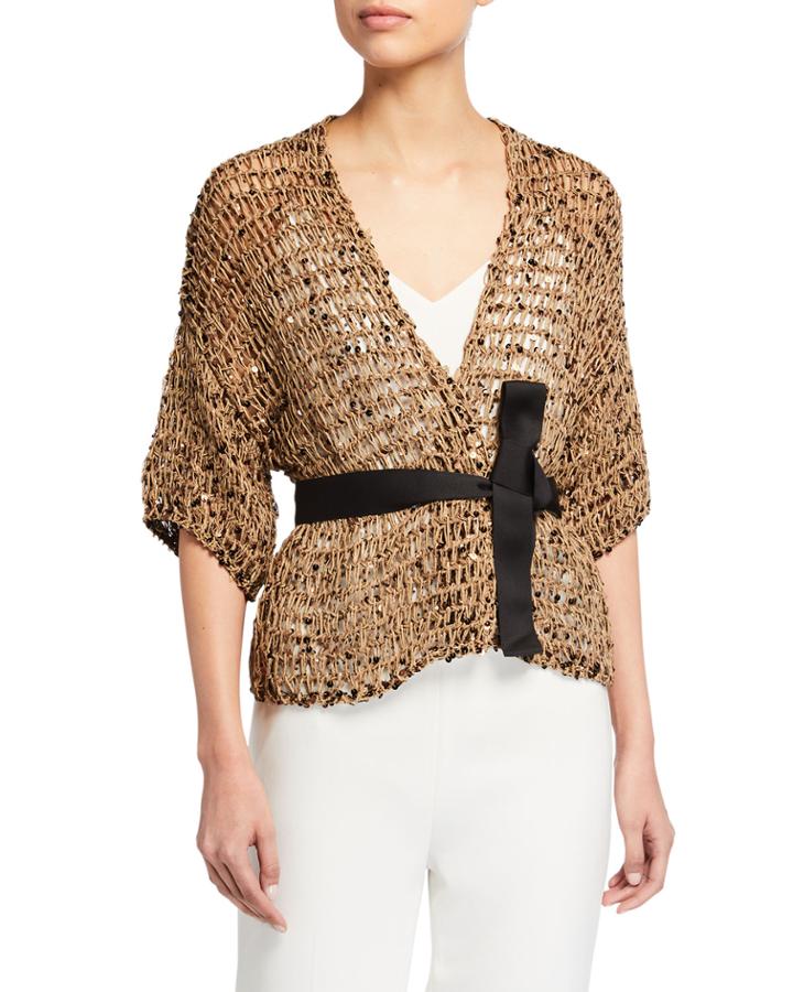 Sequin Net-knit Belted Cardigan