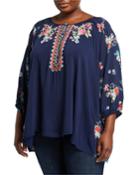 Plus Size Sheera Embroidered 3/4-sleeve Challis Blouse W/ Floral Printed Back
