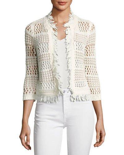 3/4-sleeve Fringed Cardigan, Ivory