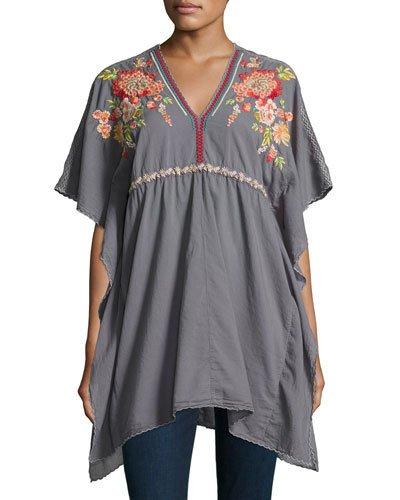 Cherise V-neck Embroidered Poncho Top, Dark Gray