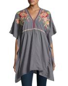 Cherise V-neck Embroidered Poncho Top, Dark Gray