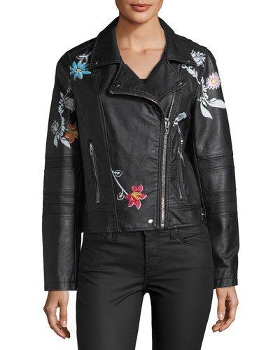 Faux-leather Moto Jacket W/floral Detail