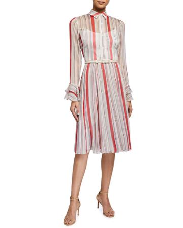 Striped Semi-sheer Midi Dress With A Detachable Belt
