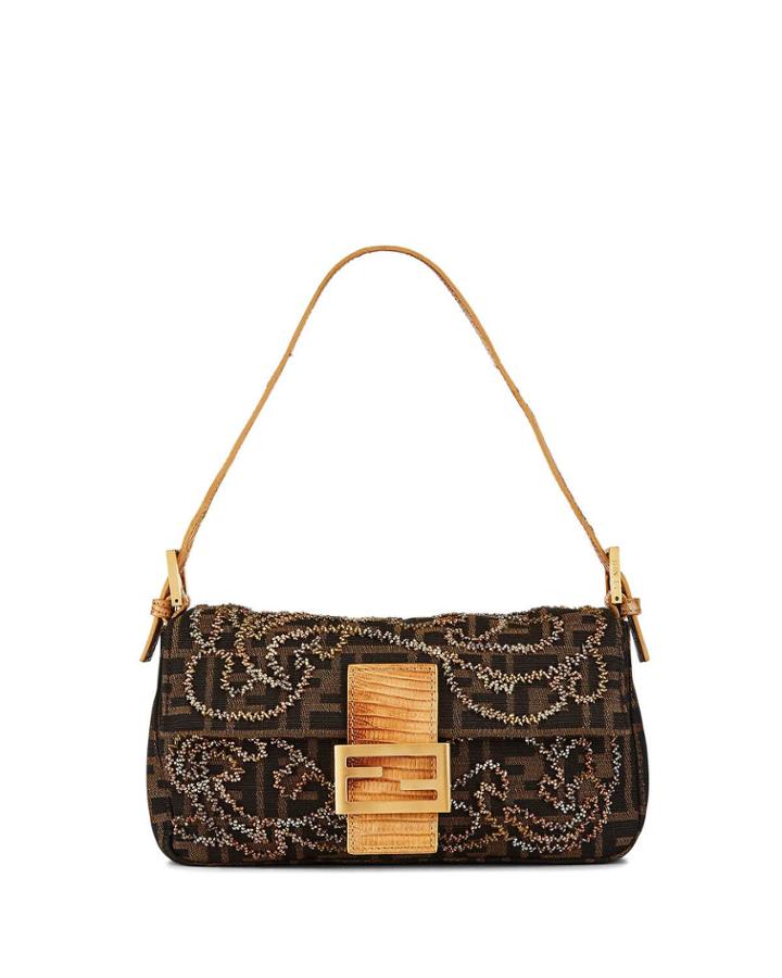 Snake-print Embroidered Ff Baguette