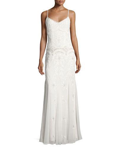 Beaded & Embroidered Godet Gown, White