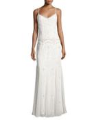 Beaded & Embroidered Godet Gown, White