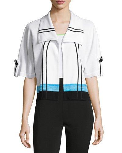 Stripe-print Short-sleeve Jacket, White/blue/ebony