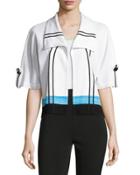 Stripe-print Short-sleeve Jacket, White/blue/ebony