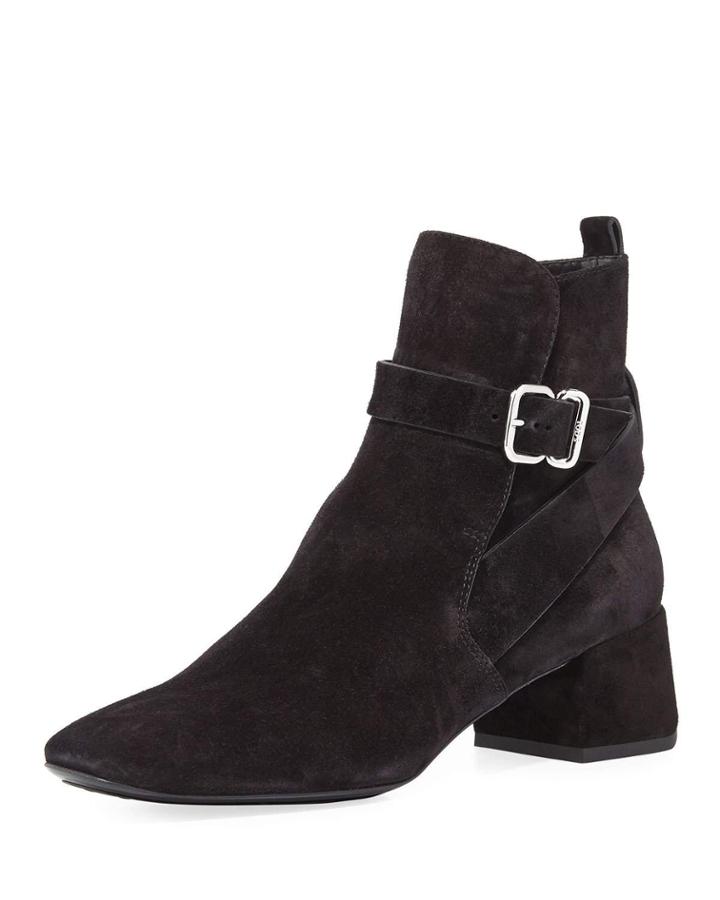 Suede Ankle-strap Block-heel Boot, Black
