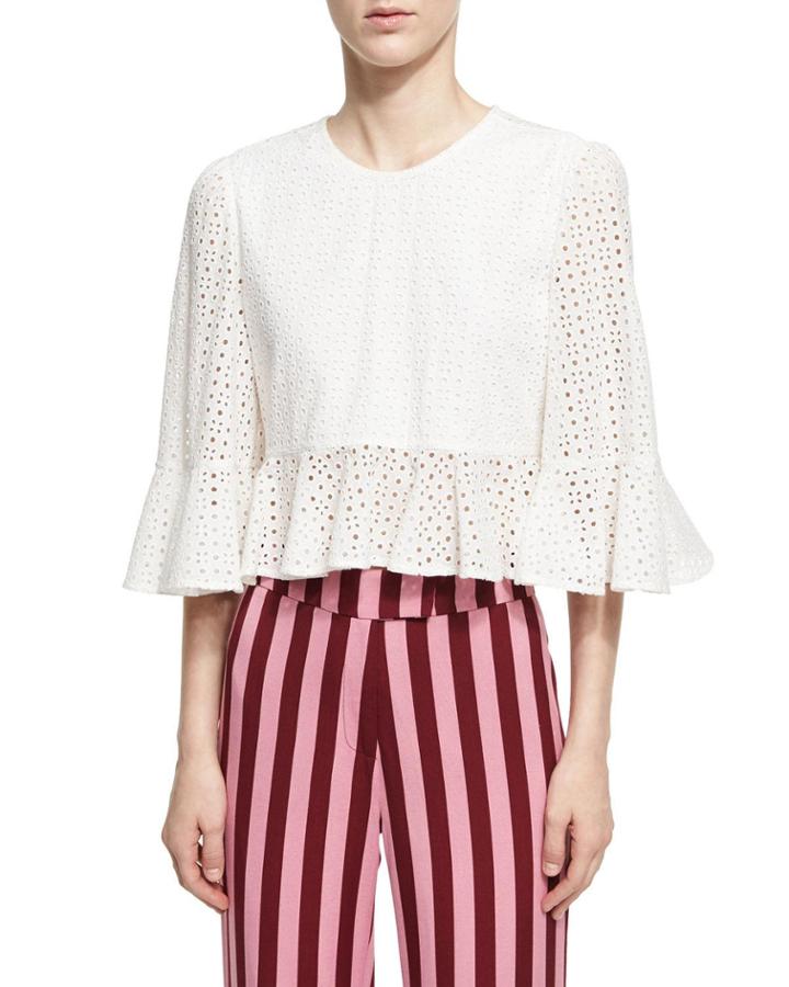Cropped Frill Eyelet Top, White