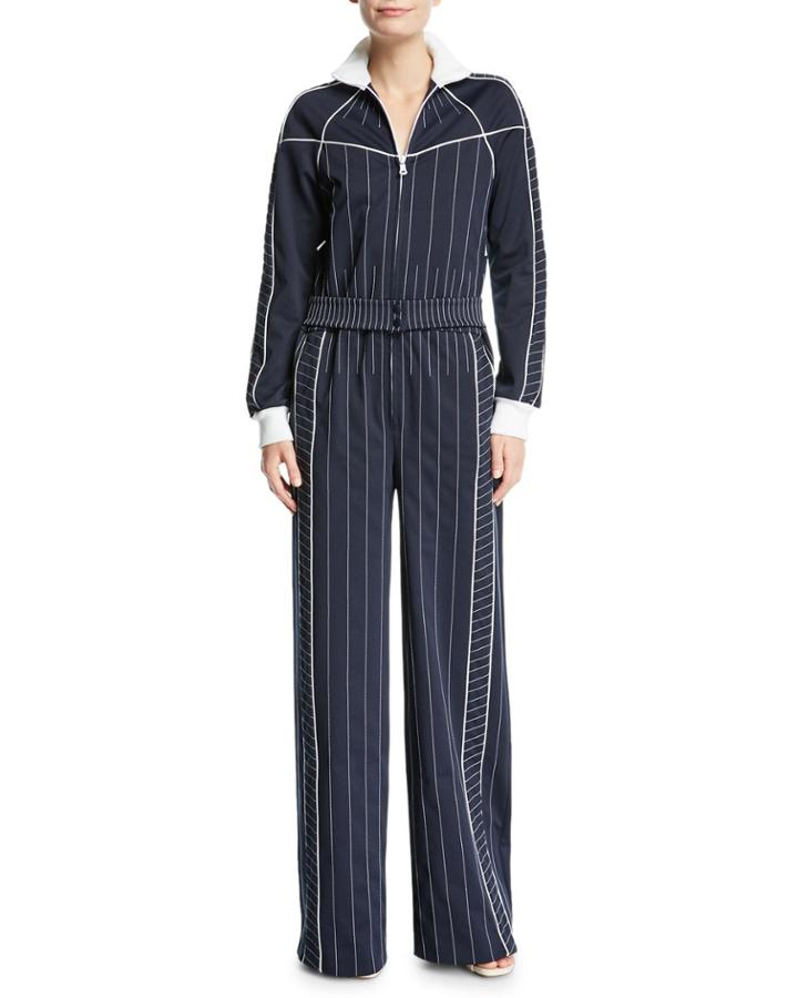 Long-sleeve Zip-front Striped Techno Jersey Wide-leg Jumpsuit