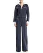 Long-sleeve Zip-front Striped Techno Jersey Wide-leg Jumpsuit