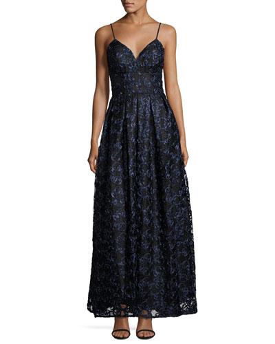 Soutache Spaghetti Strap Fit-and-flare Gown, Navy