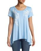 Embroidered Flutter-sleeve High-low Tee