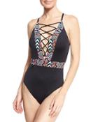 La Azteca Lace-up One-piece Swimsuit, Black,