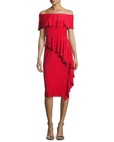 Off-the-shoulder Draped Jersey Sheath Dress, Red