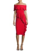 Off-the-shoulder Draped Jersey Sheath Dress, Red
