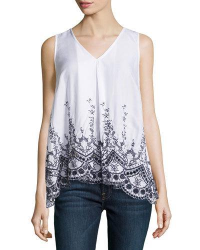 Eyelet V-neck Tank, White/navy
