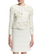 3/4-sleeve Daisy-embroidered Tweed Jacket, White