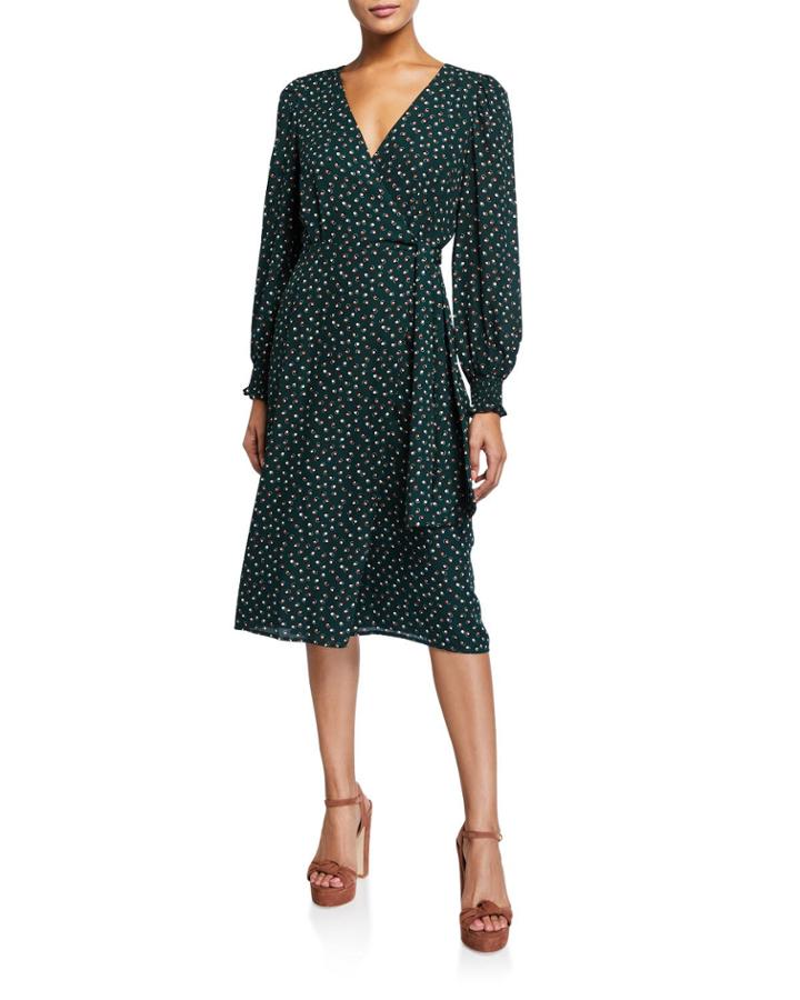 Smocked-cuff Long-sleeve Wrap Dress