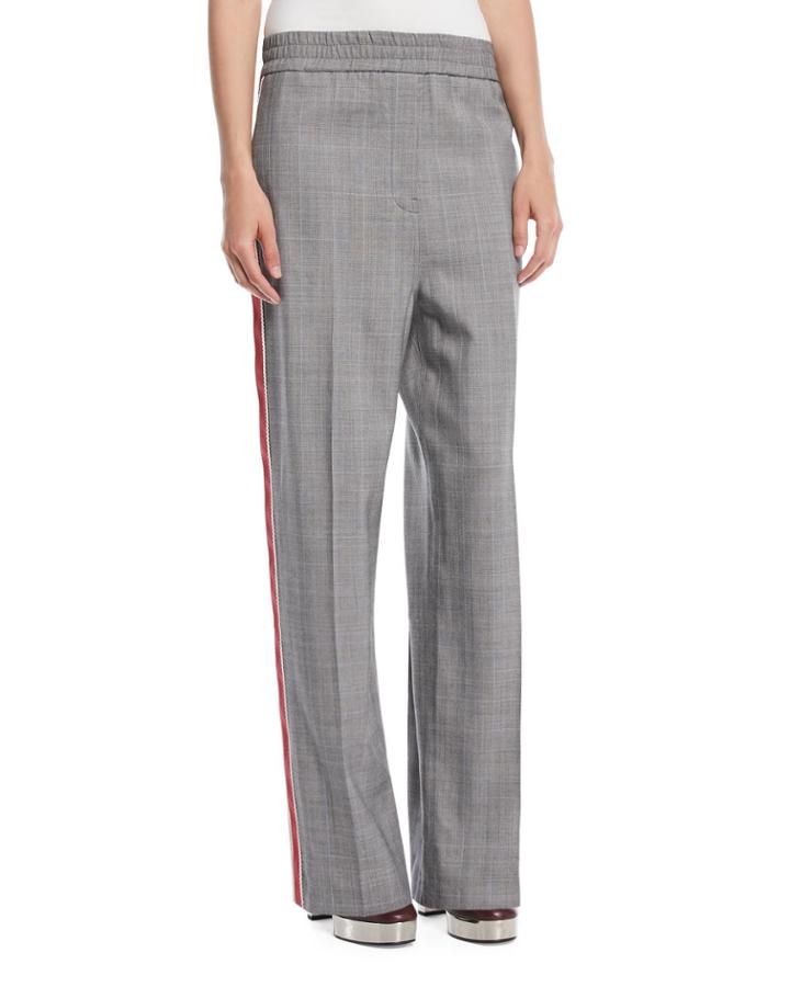 Wide-leg Check Wool Pull-on Pants W/