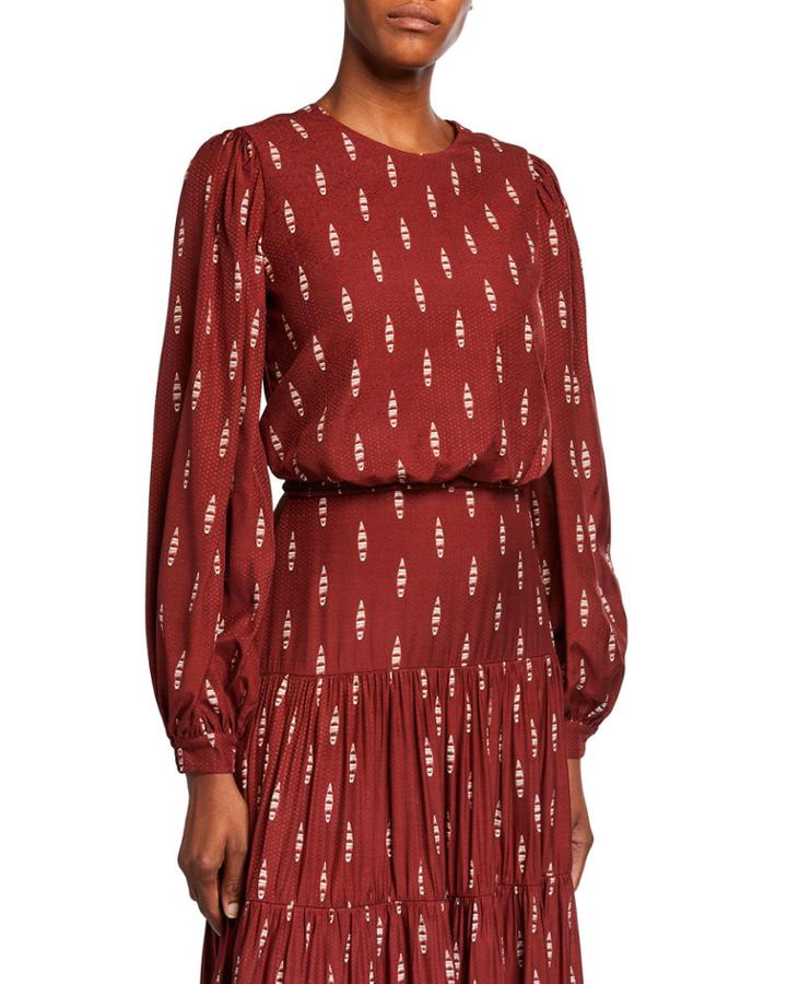 Canoe-print Long-sleeve Blouse