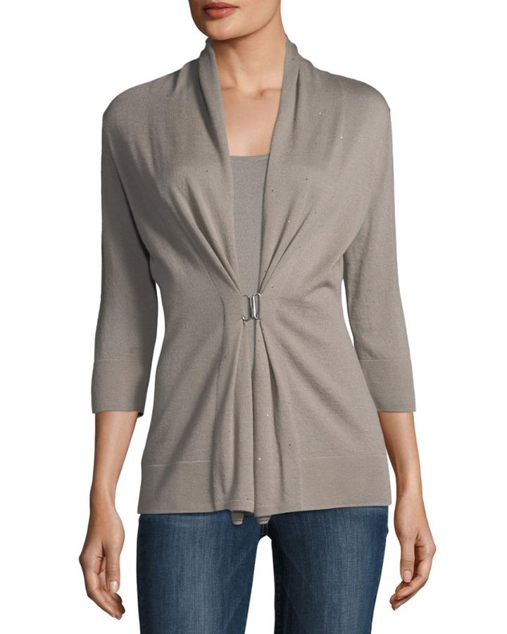 3/4-sleeve Crystal Buckle Cashmere Cardigan