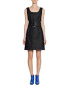 Square-neck Sleeveless Belted A-line Denim Dress