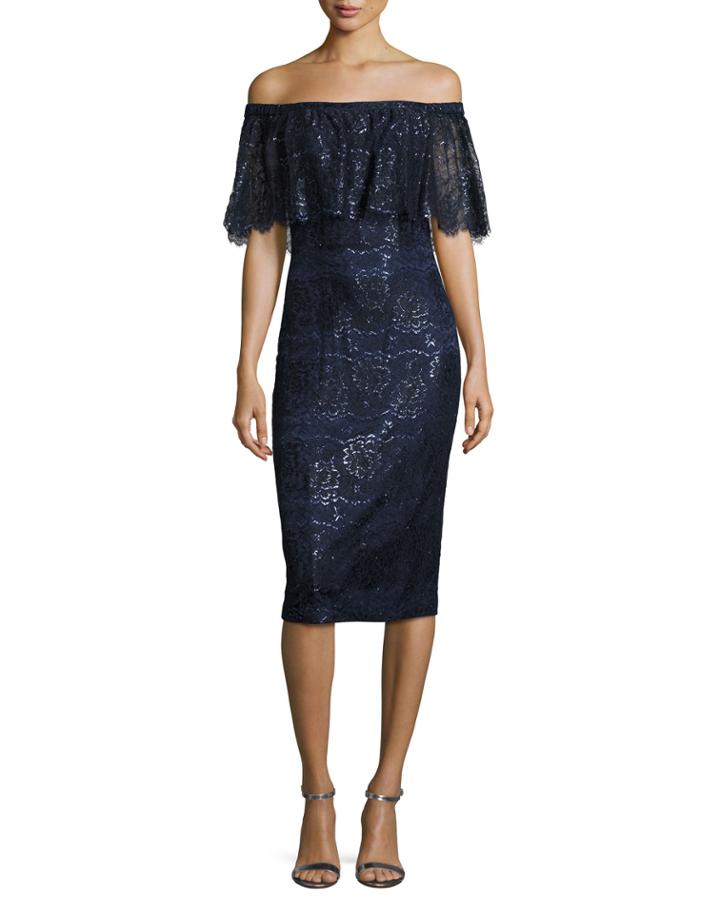 Off-the-shoulder Metallic Lace Cocktail Dress, Navy