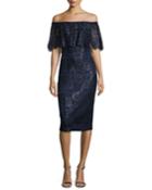 Off-the-shoulder Metallic Lace Cocktail Dress, Navy