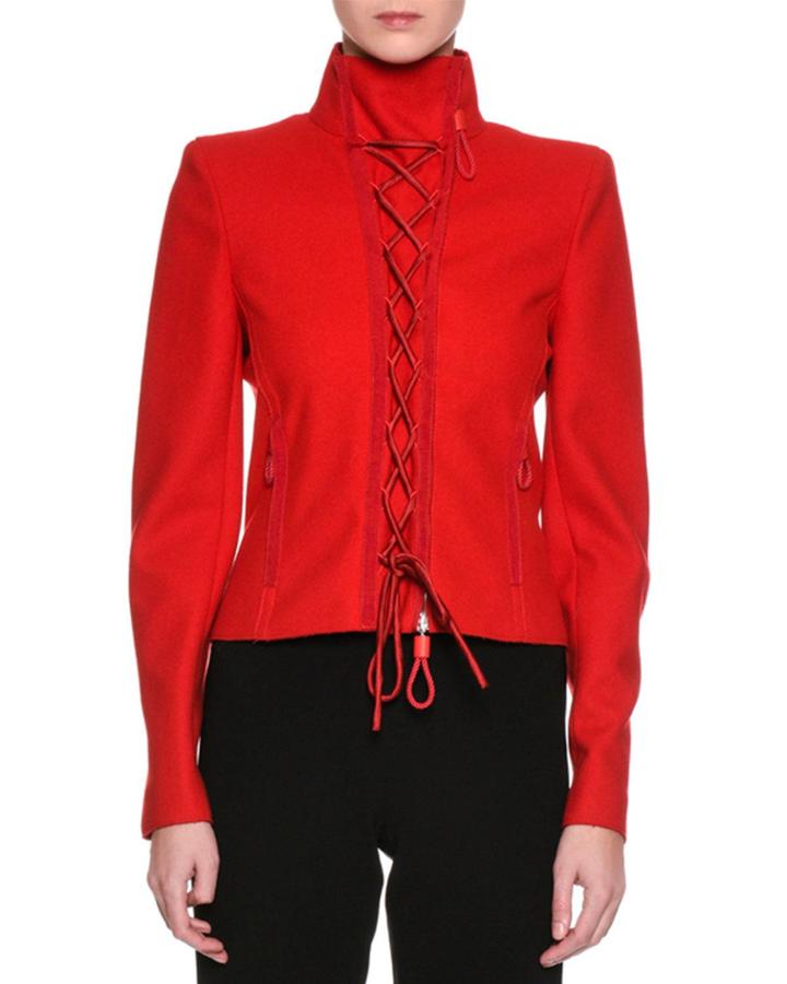Lace-up Wool Cloth Jacket, Red