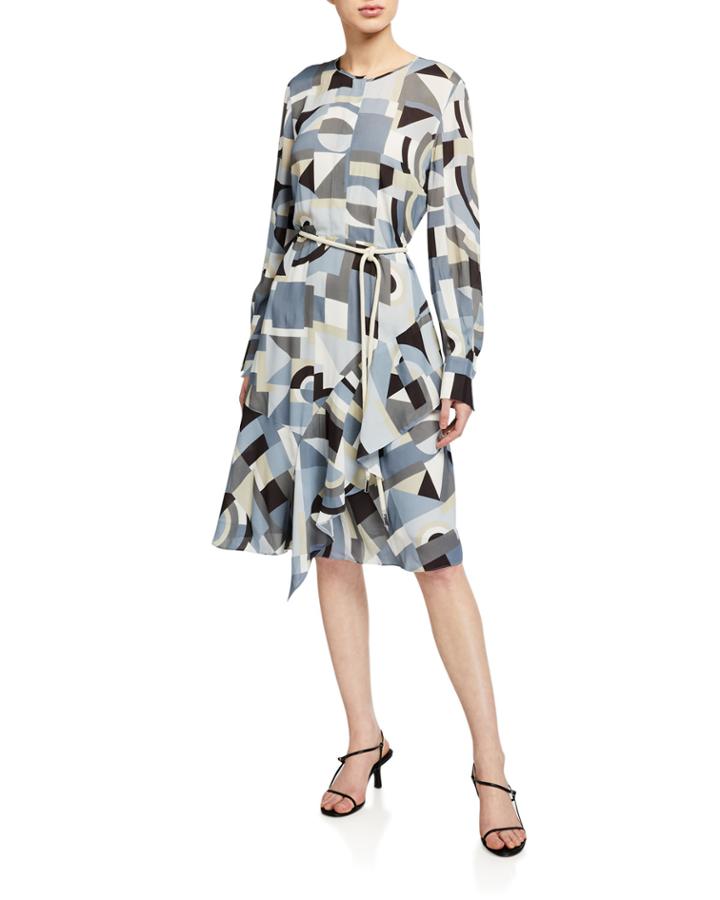 Paris Long-sleeve Printed Dress W/ Belt