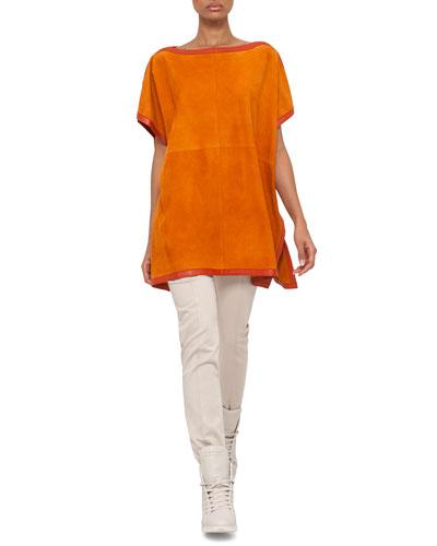 Short-sleeve Suede Tunic Blouse, Karminspint