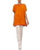 Short-sleeve Suede Tunic Blouse, Karminspint