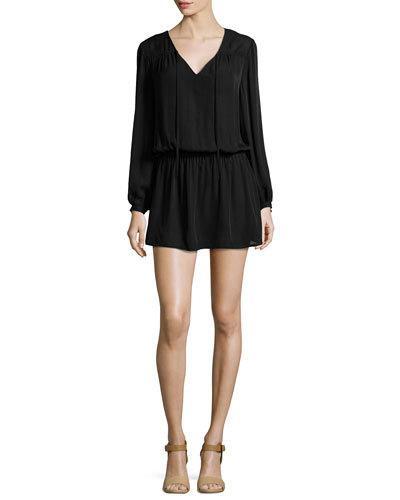 Cinched-waist Silk Mini Dress, Black