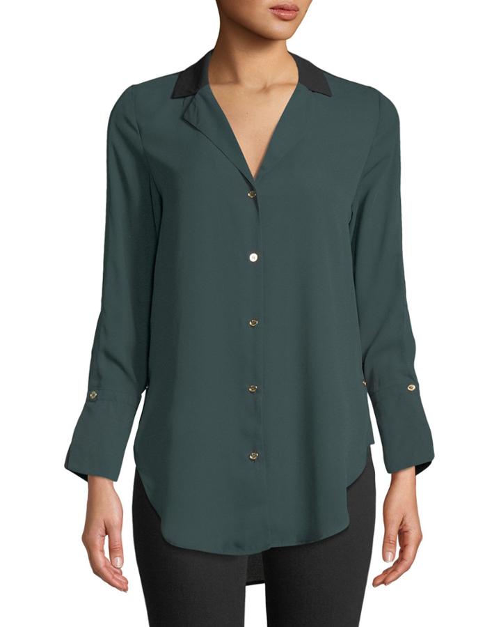 Colorblocked Chiffon Button-front Blouse