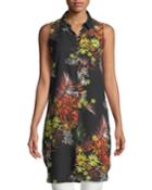 Floral-georgette Sleeveless Button-front Tunic